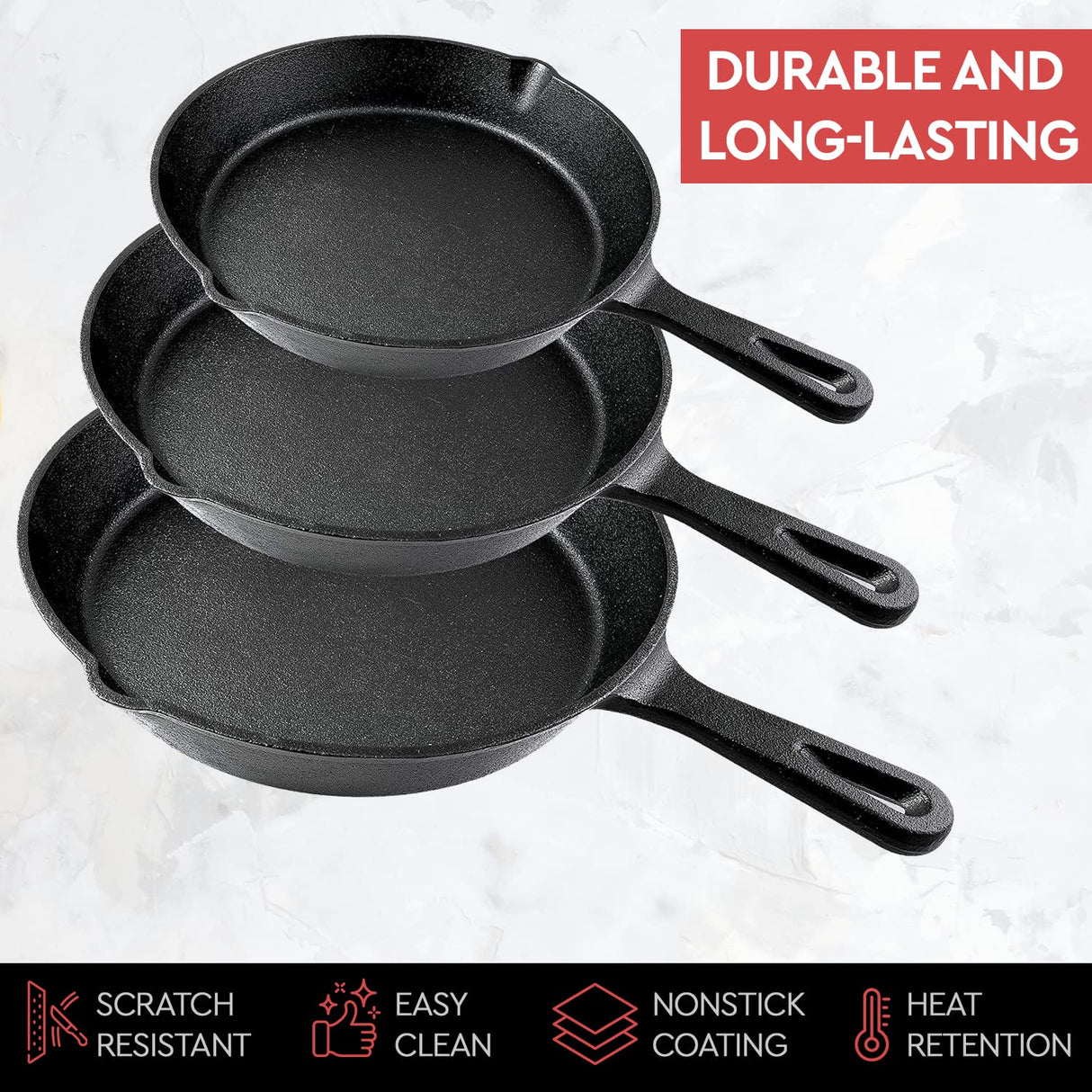 Cast Iron Skillet Cookware 3-Piece Set Chef Quality Pre-Seasoned Pan 10 8 6 Pans