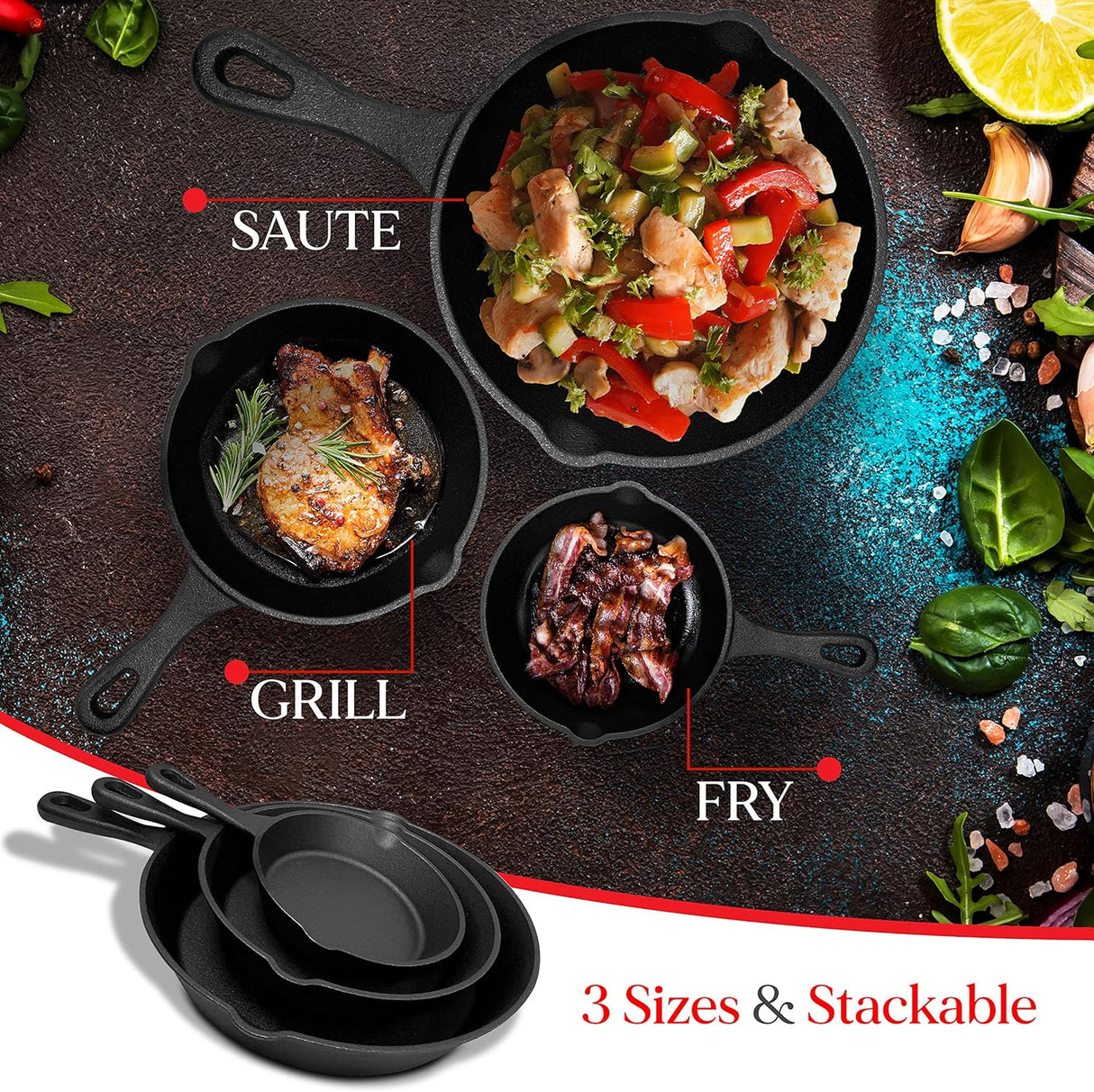 Cast Iron Skillet Cookware 3-Piece Set Chef Quality Pre-Seasoned Pan 10 8 6 Pans