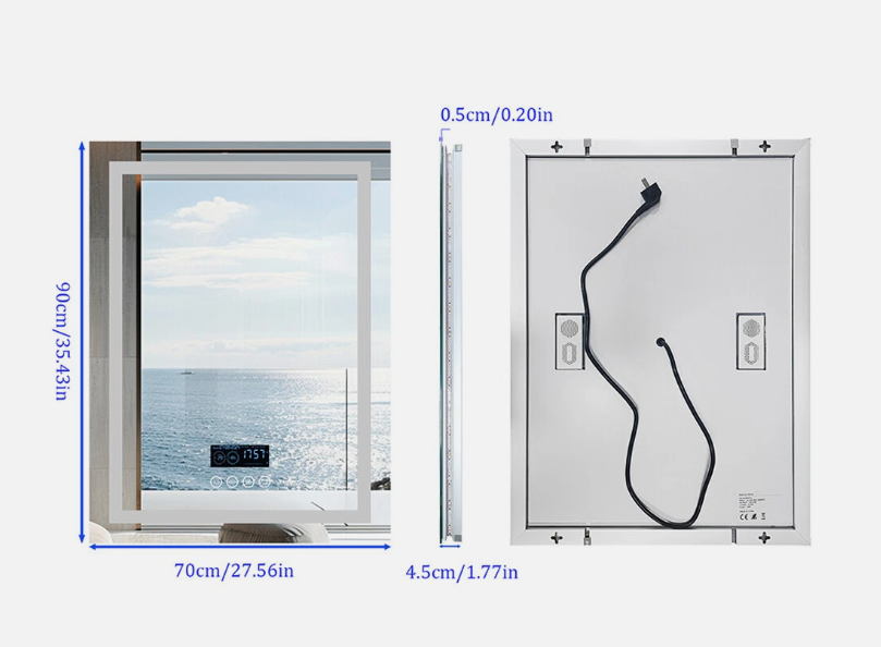 Interior Ave - 70 x 90cm Rectangle Frameless LED Bathroom Mirror – Bluetooth