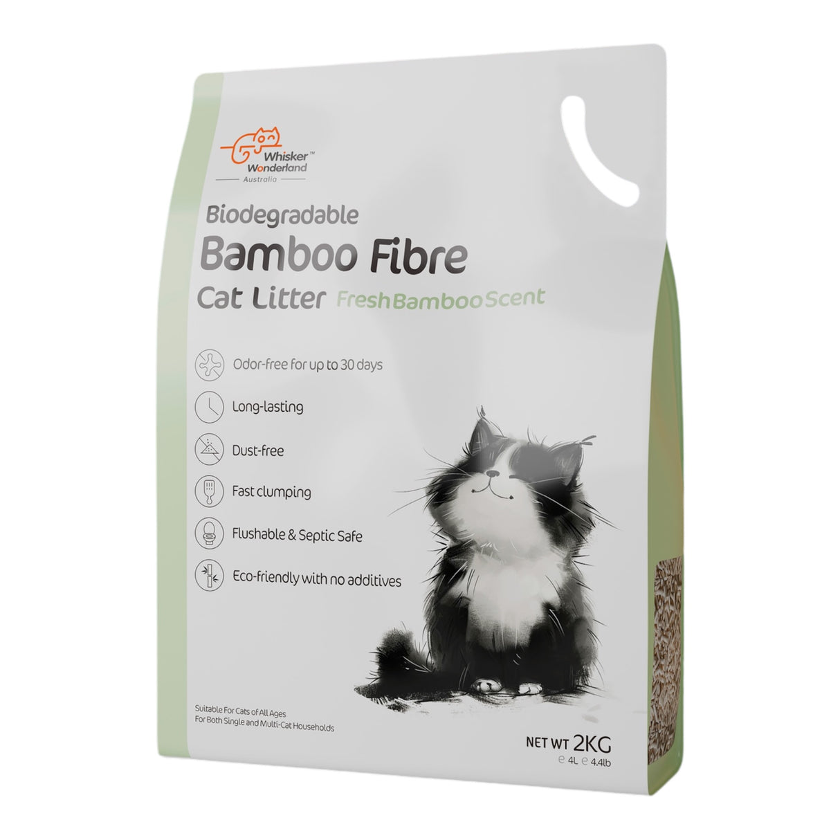 Whisker Wonderland Premium Biodegradable Bamboo Fibre Cat Litter 2KG - Fresh Bamboo Scent | Superior Odour Control, Fast Clumping & Flushable | Pet &
