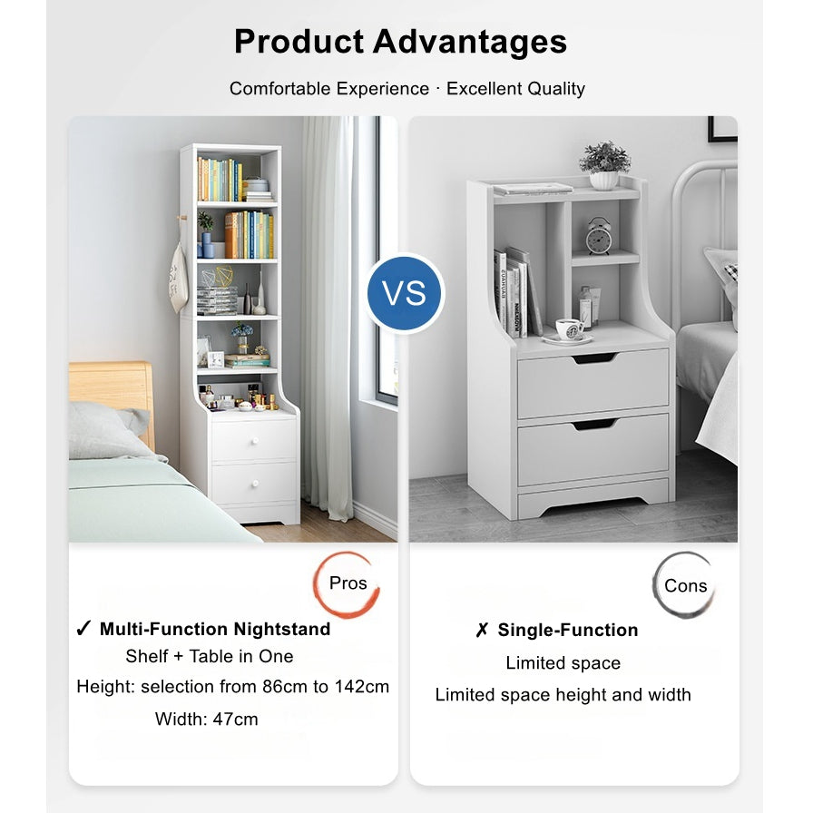 2x Bedside table set with drawers, slim tall cabinet, multifunctional design