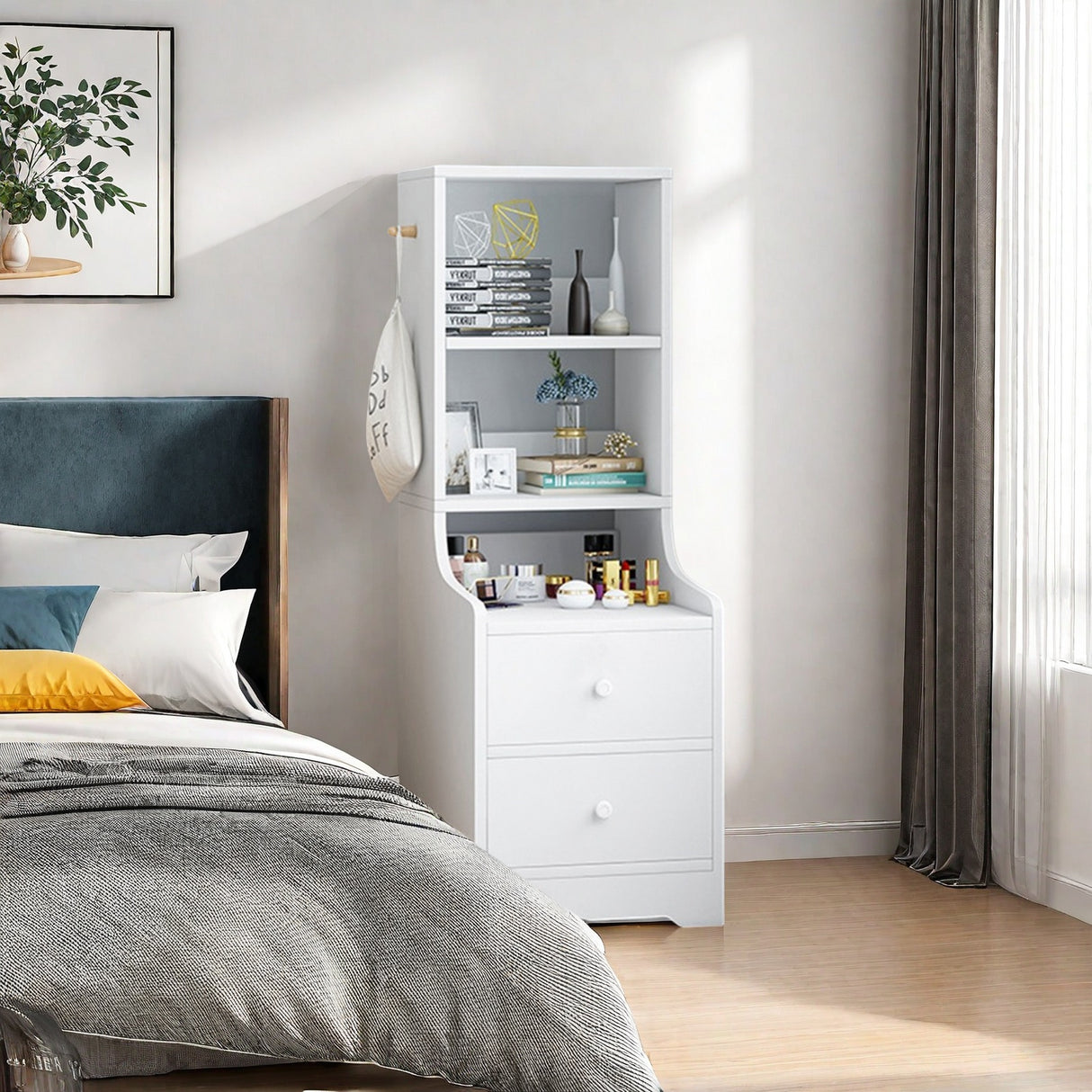 2x Bedside table set with drawers, slim tall cabinet, multifunctional design