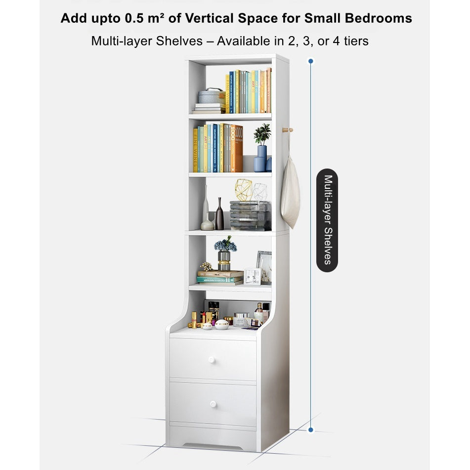 2x Bedside table pair with shelves drawers side hook modern design white