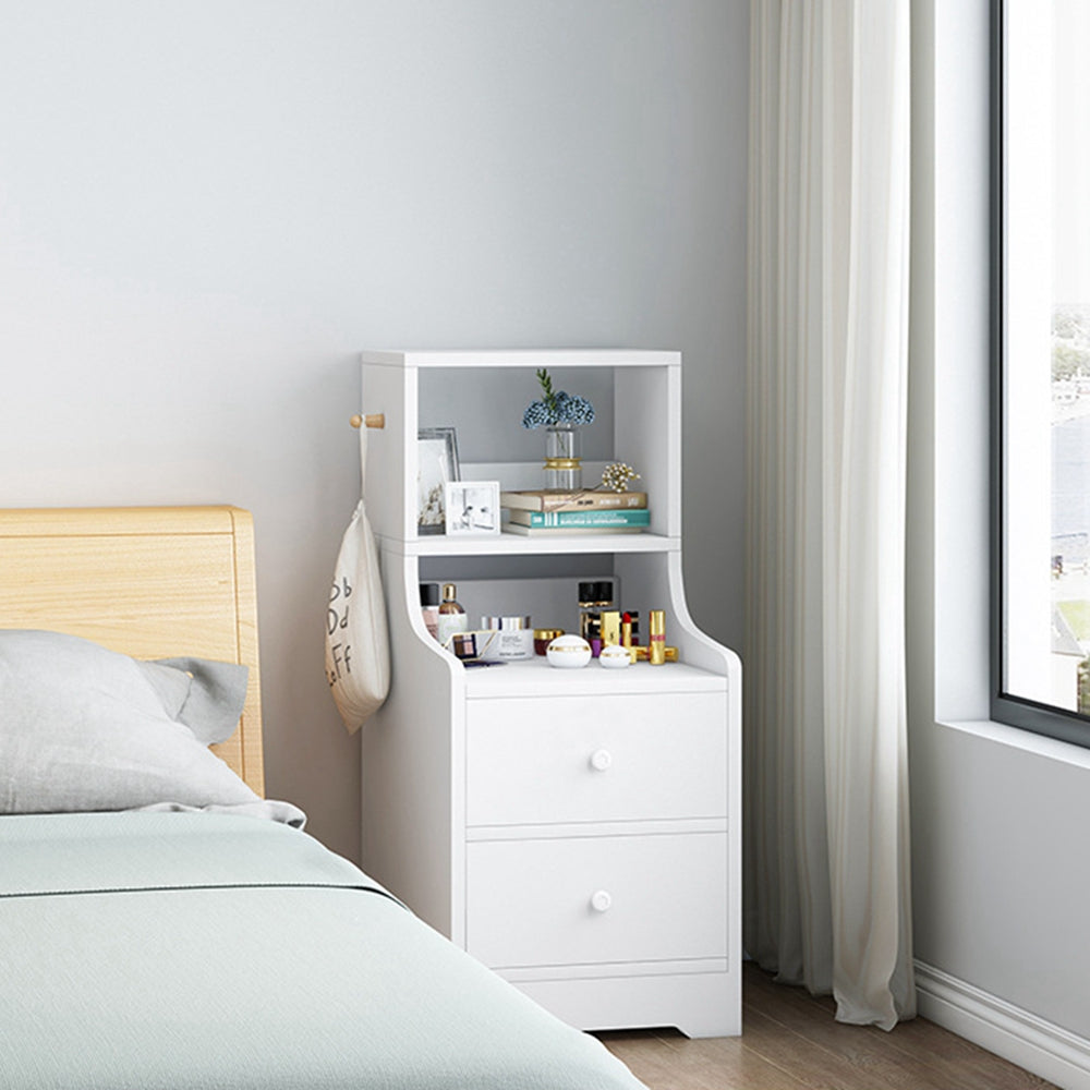 2x bedside table set with shelves and drawers modern white design