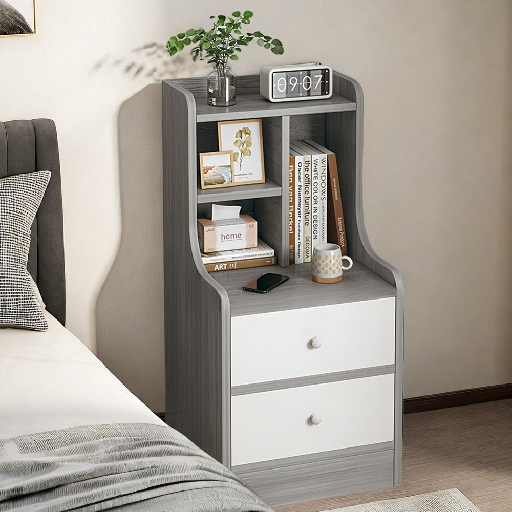 2x Bedside table pair with drawers, eco-friendly, modern design, curved sides