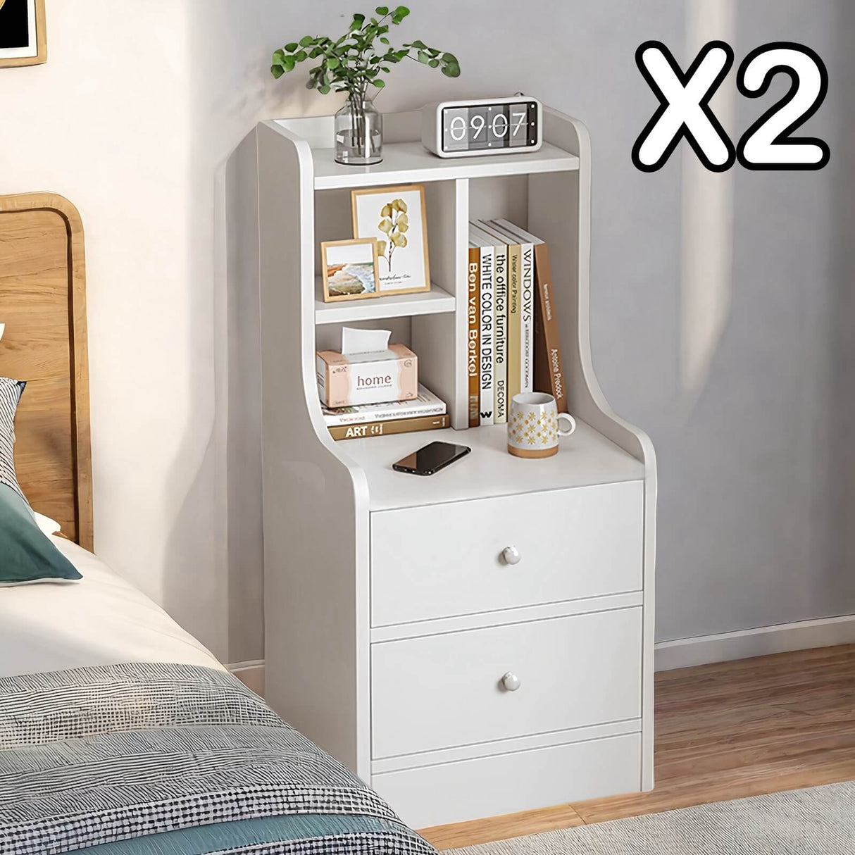 2x Bedside table pair white minimalist wooden drawers bedroom furniture