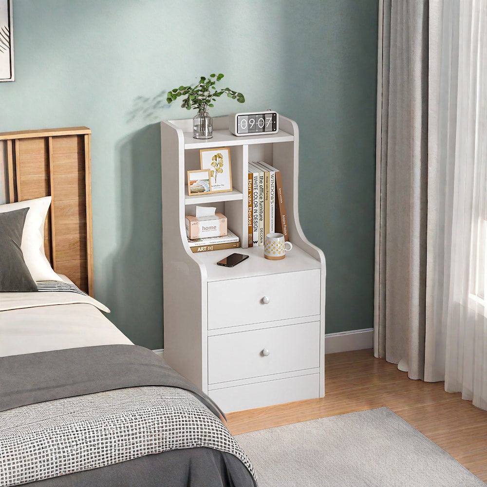 2x Bedside table pair white minimalist wooden drawers bedroom furniture