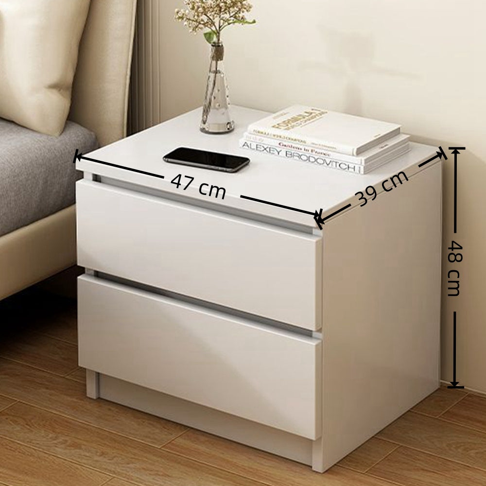 2x Bedside table set with drawers, minimalist design, warm white finish