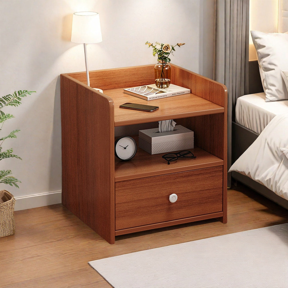 2x bedside table set vintage walnut tray drawer wooden nightstand pair
