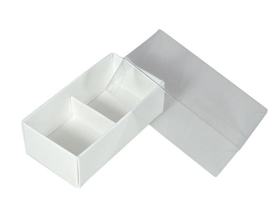 100 Pack of White Card Chocolate Sweet Soap Product Retail Gift Box - 2 Bay Compartments - Clear Slide On Lid - 8x4x3cm