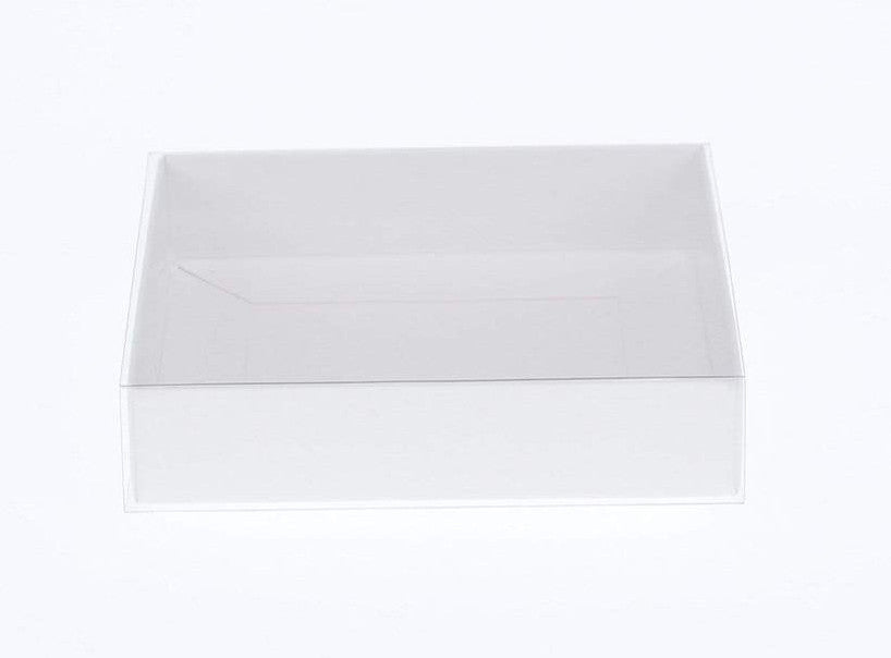 100 Pack of White Card Box - Clear Slide On Lid - 17 x 25 x 5cm - Large Beauty Product Gift Giving Hamper Tray Merch Fashion Cake Sweets Xmas