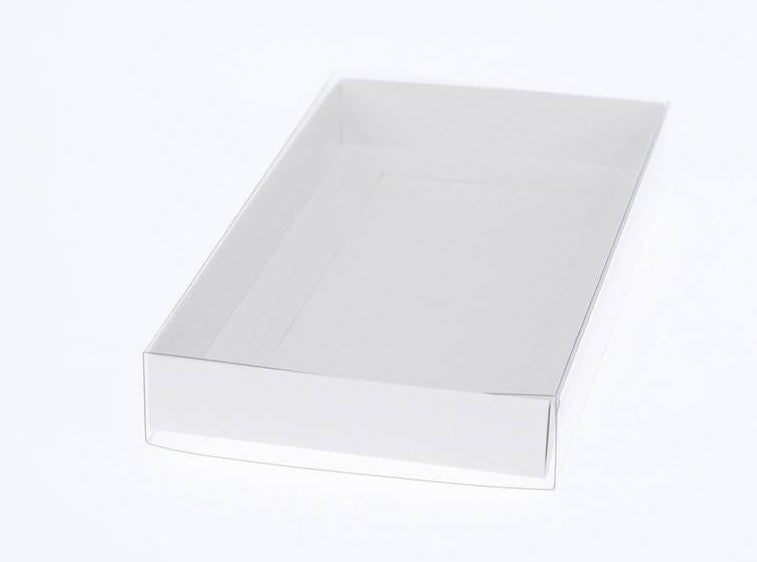100 Pack of White Card Box - Clear Slide On Lid - 17 x 25 x 5cm - Large Beauty Product Gift Giving Hamper Tray Merch Fashion Cake Sweets Xmas