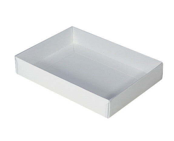 100 Pack of White Card Box - Clear Slide On Lid - 30 x 20 x 8cm - Large Beauty Product Gift Giving Hamper Tray Merch Fashion Cake Sweets Xmas