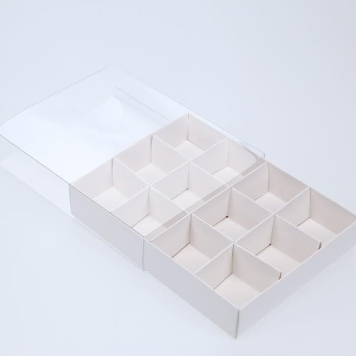 10 Pack of White Card Chocolate Sweet Soap Product Retail Gift Box - 12 bay 4x4x3cm Compartments - Clear Slide On Lid - 16x12x3cm