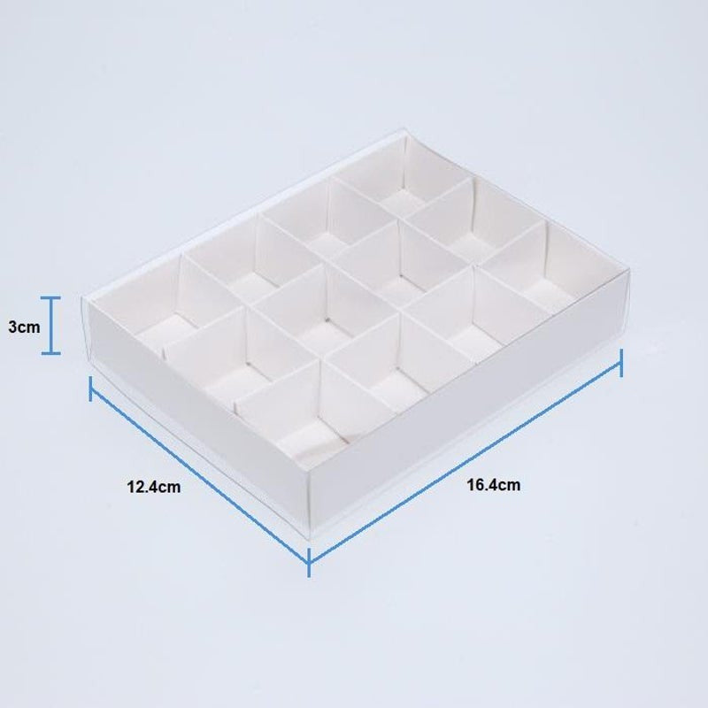 10 Pack of White Card Chocolate Sweet Soap Product Retail Gift Box - 12 bay 4x4x3cm Compartments - Clear Slide On Lid - 16x12x3cm