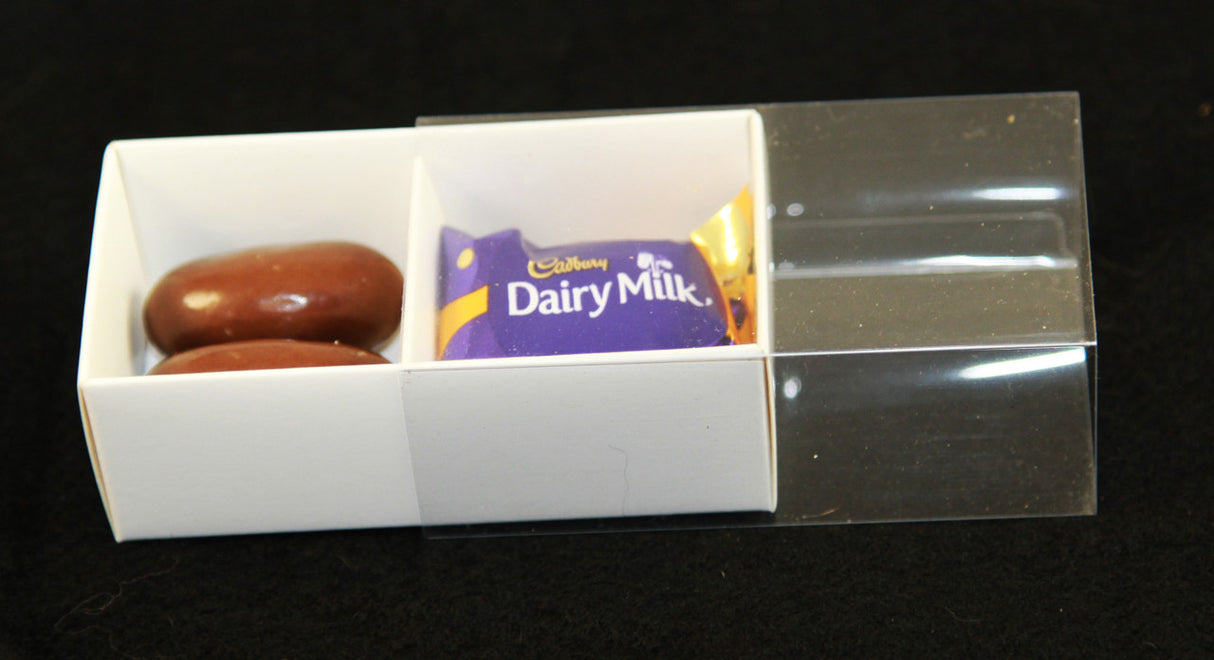 10 Pack of White Card Chocolate Sweet Soap Product Retail Gift Box - 2 Bay Compartments - Clear Slide On Lid - 8x4x3cm