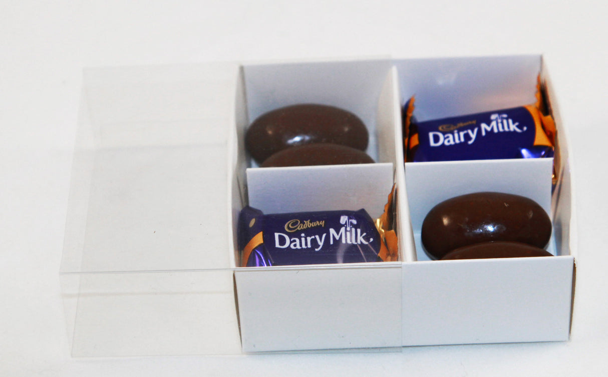 10 Pack of White Card Chocolate Sweet Soap Product Retail Gift Box - 4 Bay Compartments - Clear Slide On Lid - 8x8x3cm