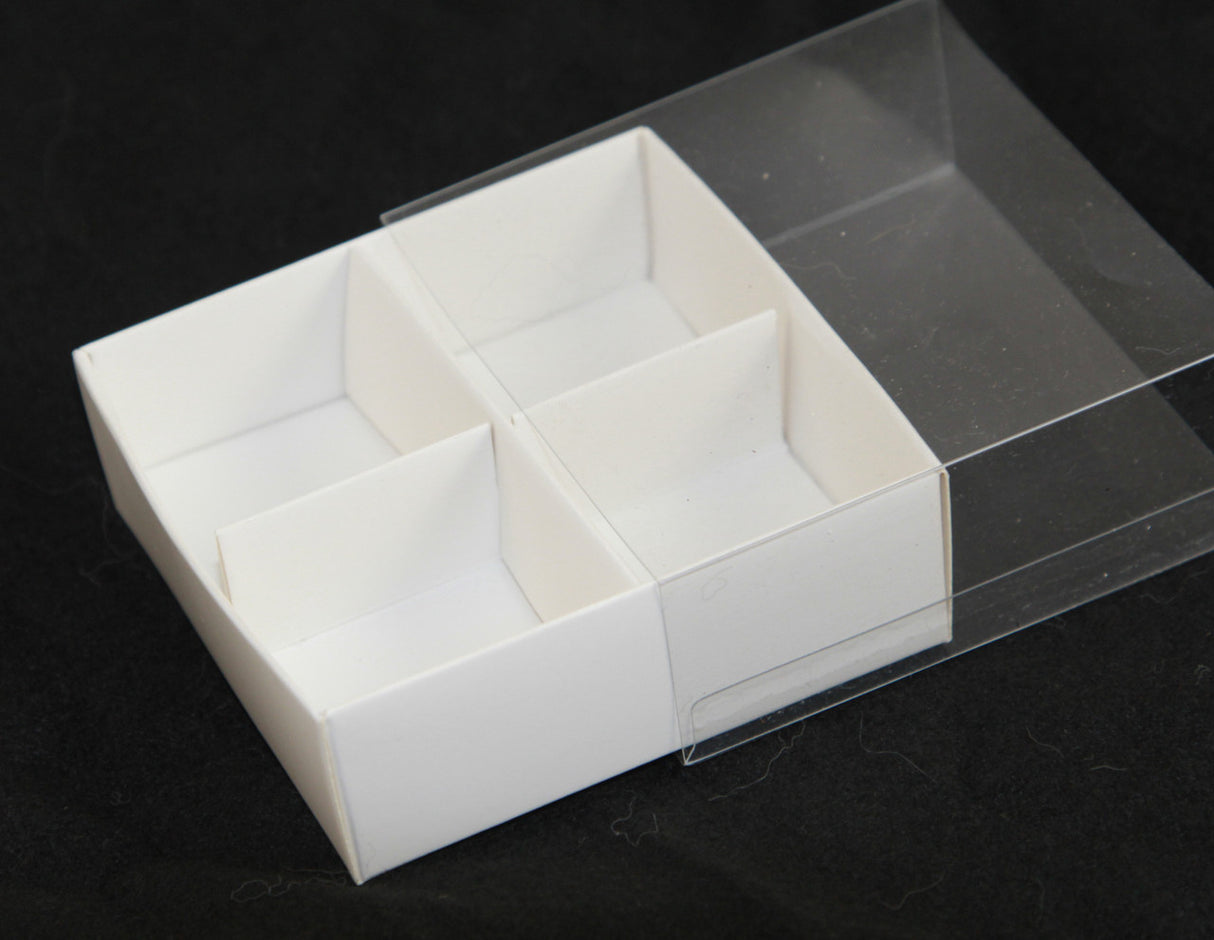 10 Pack of White Card Chocolate Sweet Soap Product Retail Gift Box - 4 Bay Compartments - Clear Slide On Lid - 8x8x3cm