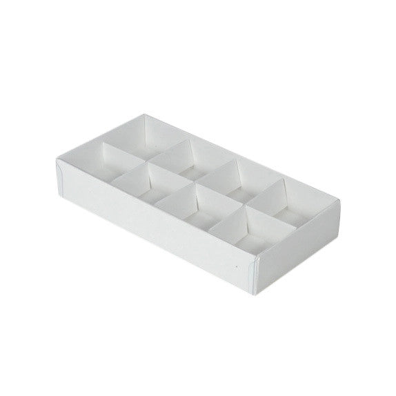 10 Pack of White Card Chocolate Sweet Soap Product Retail Gift Box - 8 bay 3cm Compartments - Clear Slide On Lid - 16x8x3cm