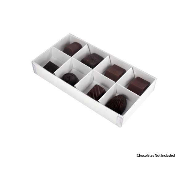 10 Pack of White Card Chocolate Sweet Soap Product Retail Gift Box - 8 bay 3cm Compartments - Clear Slide On Lid - 16x8x3cm