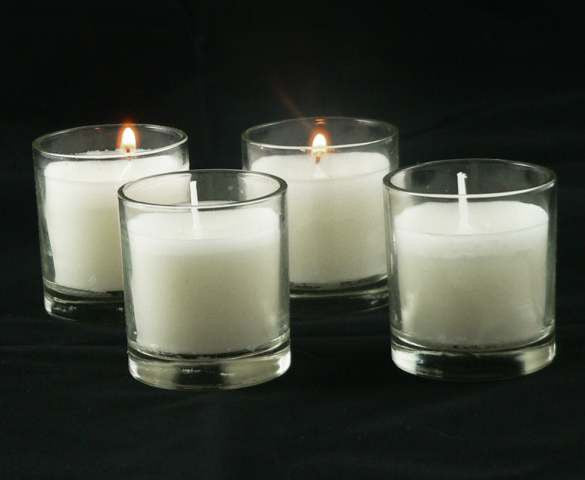 25 Pack of White Votive Candles in Clear Glass Holders - Perfect for Weddings and Event Centerpieces