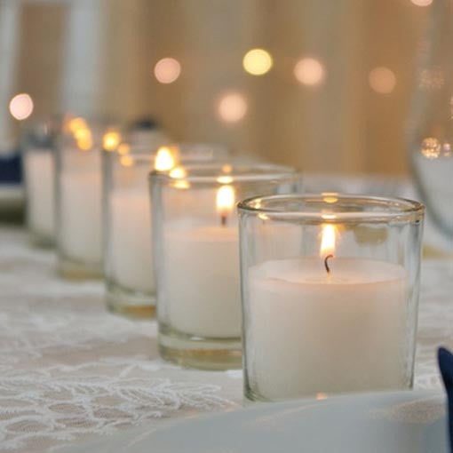 25 Pack of White Votive Candles in Clear Glass Holders - Perfect for Weddings and Event Centerpieces