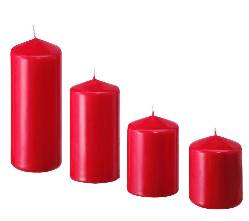 4 Pack Red Wax Pillar Advent Candles Xmas Wedding Party Table Room Centrepiece Decor Graduated sized 6 to 15cm High