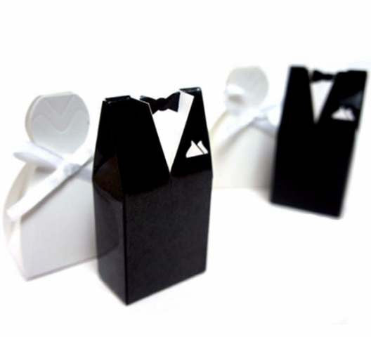 50 Pack of Bride and Groom Wedding Favor Candy Boxes - 25 Gown & 25 Tux Designs