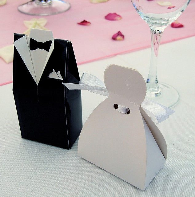 50 Pack of Bride and Groom Wedding Favor Candy Boxes - 25 Gown & 25 Tux Designs