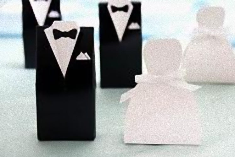 50 Pack of Bride and Groom Wedding Favor Candy Boxes - 25 Gown & 25 Tux Designs
