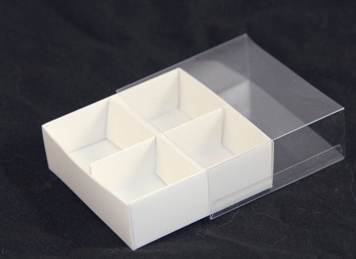 50 Pack of White Card Chocolate Sweet Soap Product Retail Gift Box - 4 Bay Compartments - Clear Slide On Lid - 8x8x3cm