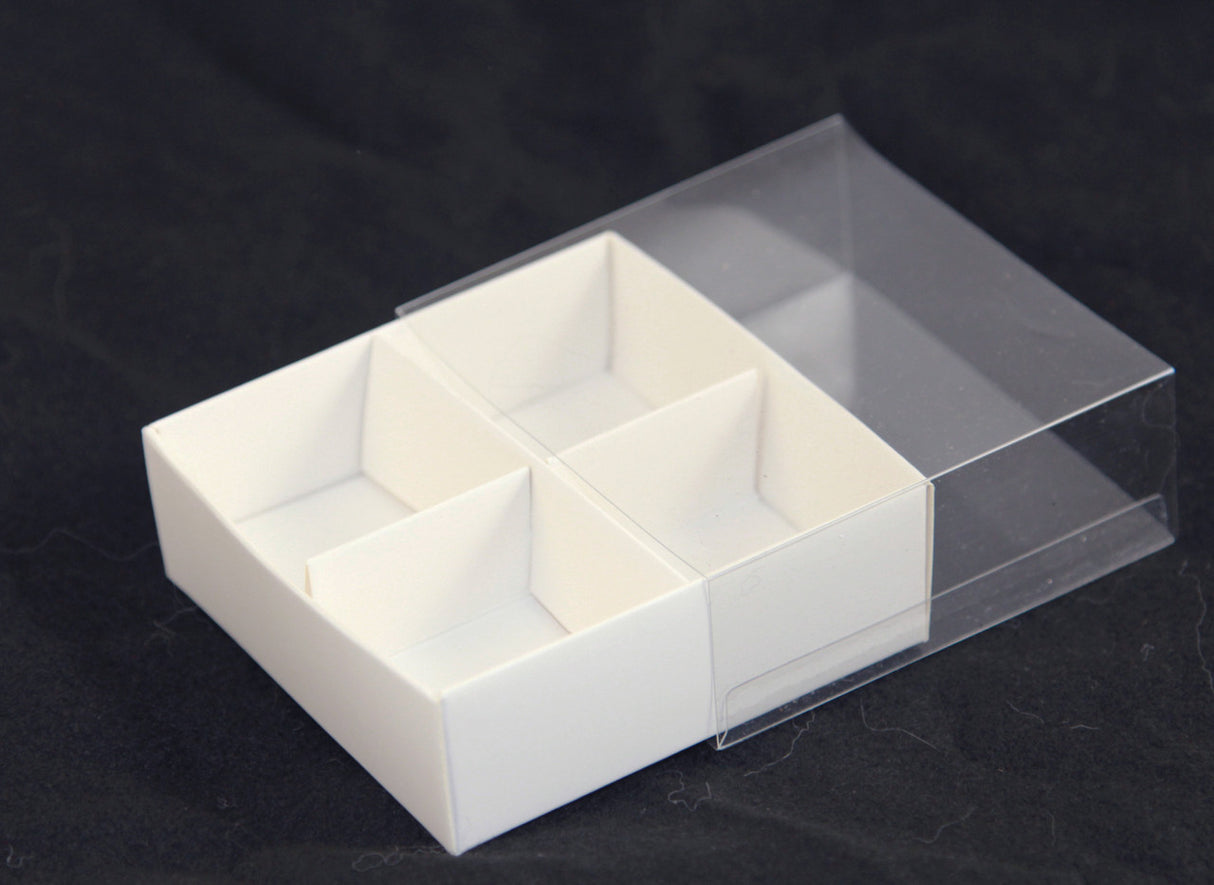 50 Pack of White Card Chocolate Sweet Soap Product Retail Gift Box - 4 Bay Compartments - Clear Slide On Lid - 8x8x3cm
