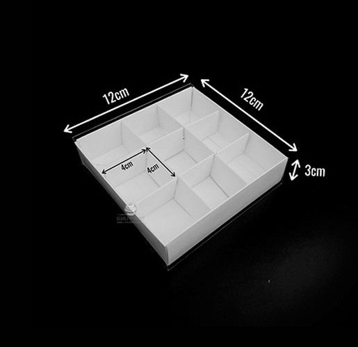 50 Pack of White Card Chocolate Sweet Soap Product Retail Gift Box - 9 bay 4x4x3cm Compartments - Clear Slide On Lid - 12x12x3cm