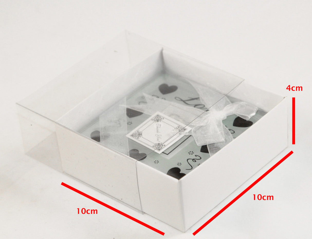 50 Pack of 10cm Square Favor Gift Boxes with Clear Slide PVC Lid - Ideal for Invitations, Coasters, and Treats