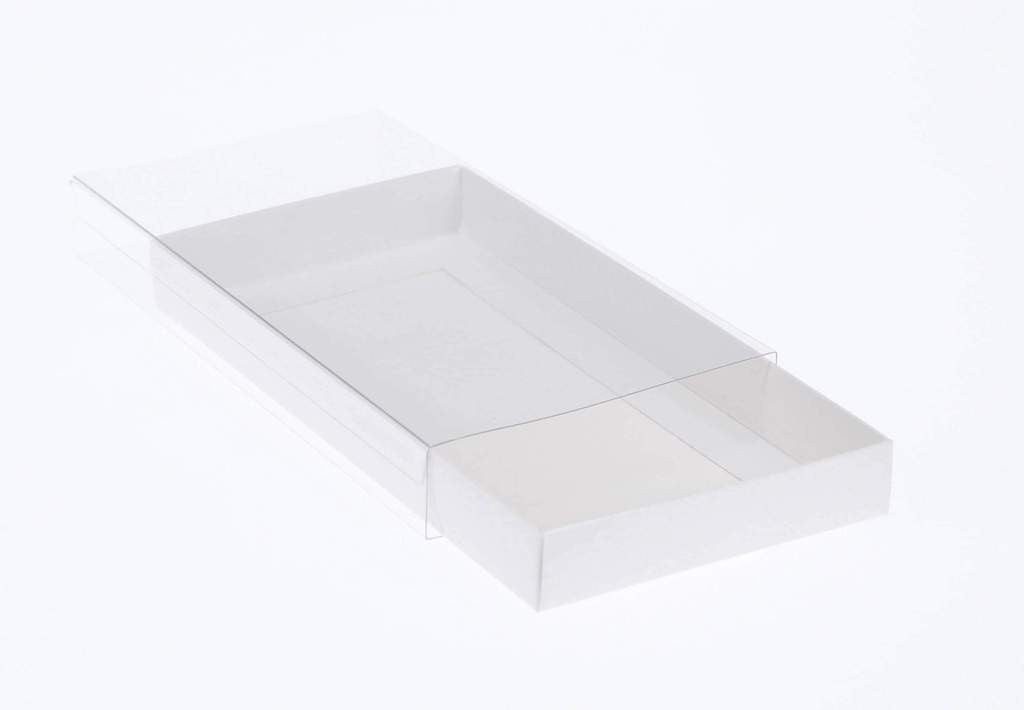 50 Pack of White Card Square Box - Clear Slide On Lid - 20 x 20 x 8cm - Large Beauty Product Gift Giving Hamper Tray Merch Fashion Cake Sweets Xmas