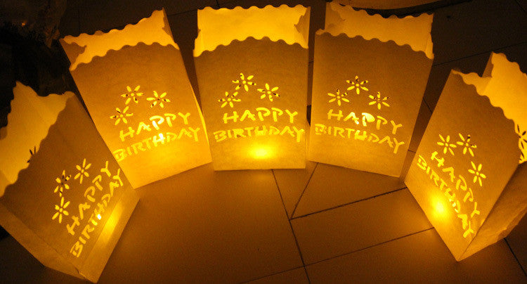 50 Pack White Happy Birthday Luminary Paper Candle Tea Light Lantern Bags Garden Anniversary Birthday Night Decorations Evening Party