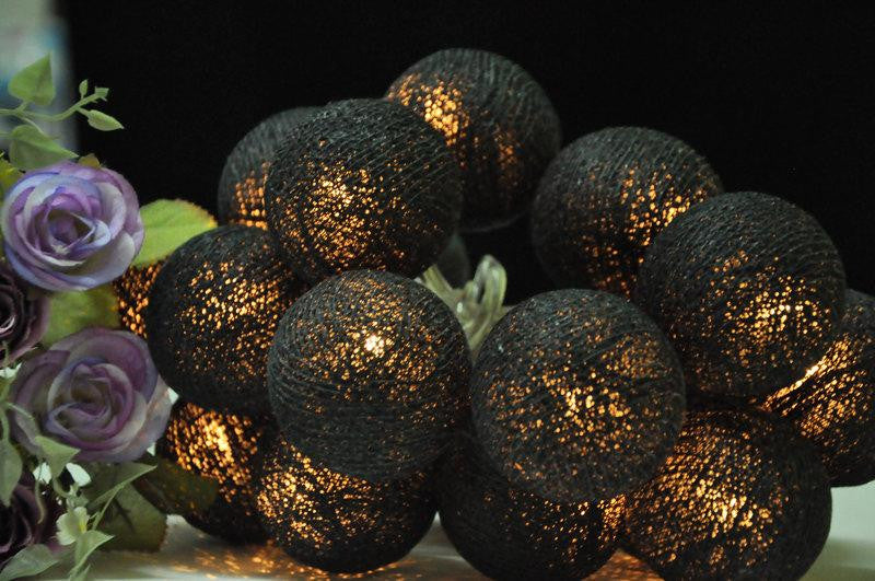 20 Black Cotton Ball LED Fairy Lights - 5cm Battery-Powered String Lights for Home, Wedding, Party, and Outdoor Decoration