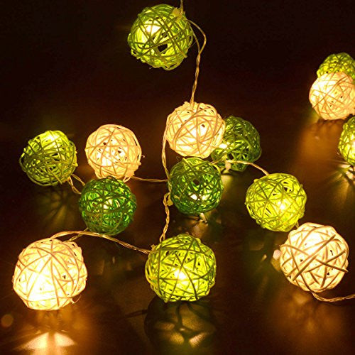 1 Set of Green n White 5cm Rattan Cane 50 Ball Battery Powered LONG 5m String Lights Christmas Gift Home Wedding Party Bedroom Decoration Table Centrepiece