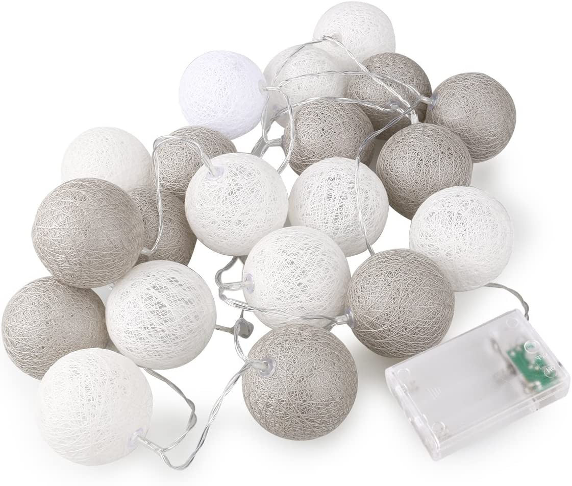 20 Grey and White Cotton Ball LED String Lights - Battery Powered Fairy Lights for Home, Wedding, Party, and Indoor/Outdoor Decor