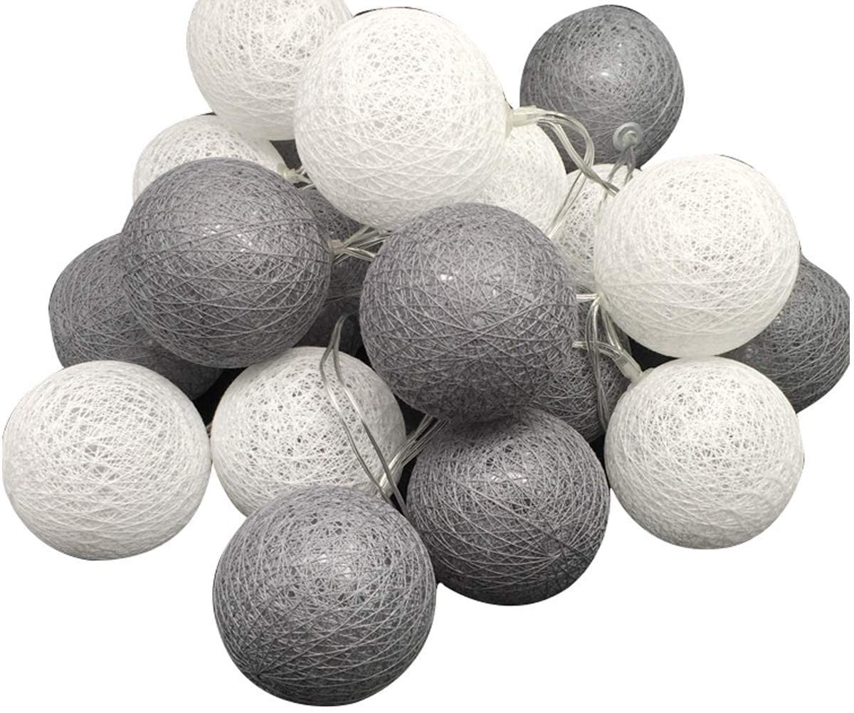 20 Grey and White Cotton Ball LED String Lights - Battery Powered Fairy Lights for Home, Wedding, Party, and Indoor/Outdoor Decor