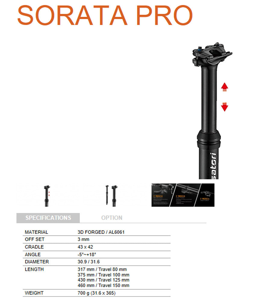 Satori Sorata Pro 30.9mm Internal Dropper Post with 100mm Travel for Mountain Bikes