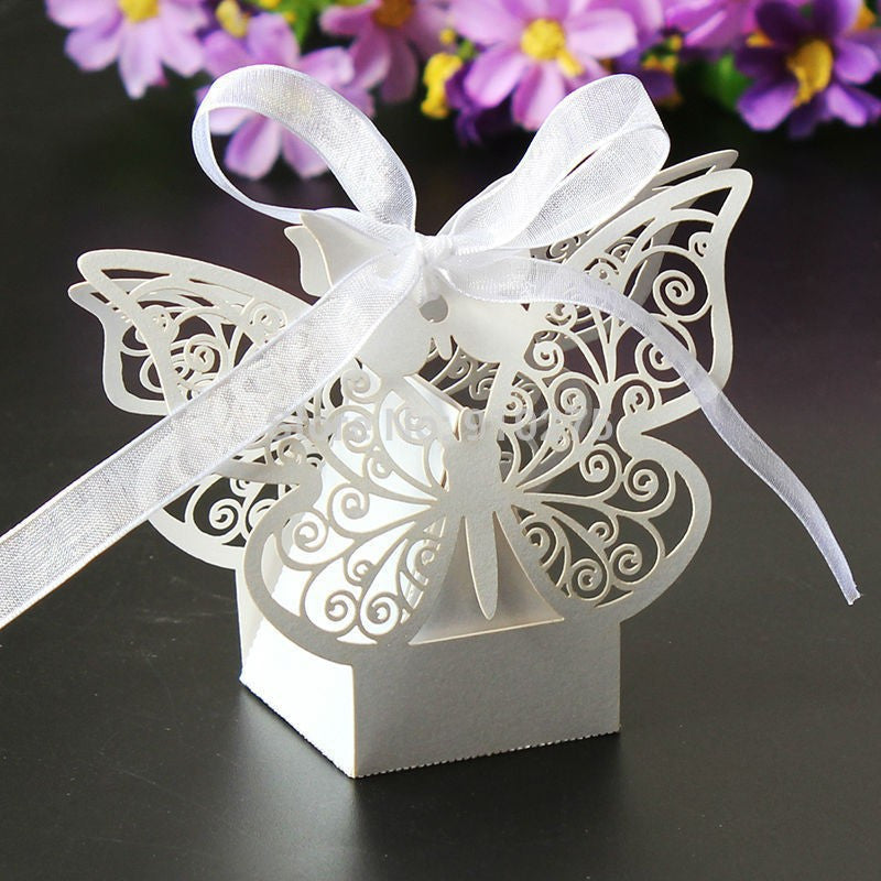 Ivory Butterfly Favor Boxes - Set of 10 for Weddings and Engagements