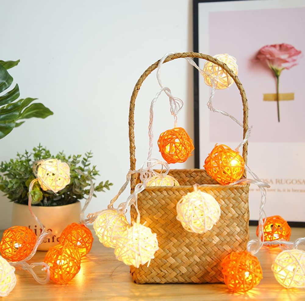 1 Set of Orange n White 5cm Rattan Cane 50 Ball Battery Powered LONG 5m String Lights Christmas Gift Home Wedding Party Bedroom Decoration Table Centrepiece