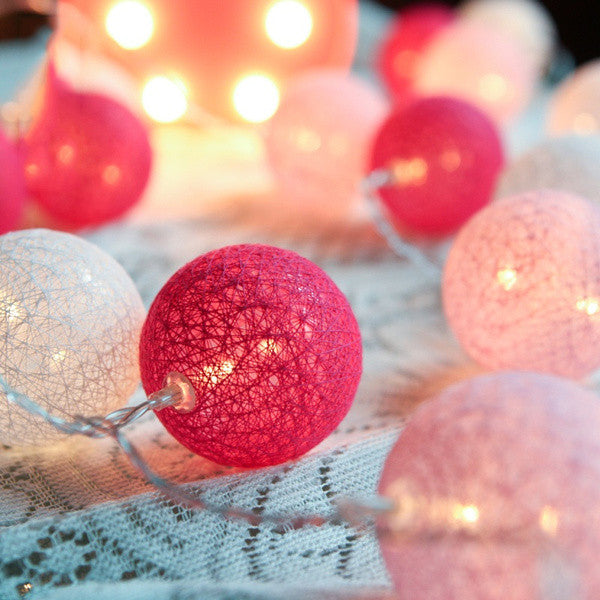 20 Pink LED Cotton Ball Fairy Lights - 5cm Decorative String for Home, Wedding, Party, and Bedroom - Battery Powered Indoor/Outdoor Décor