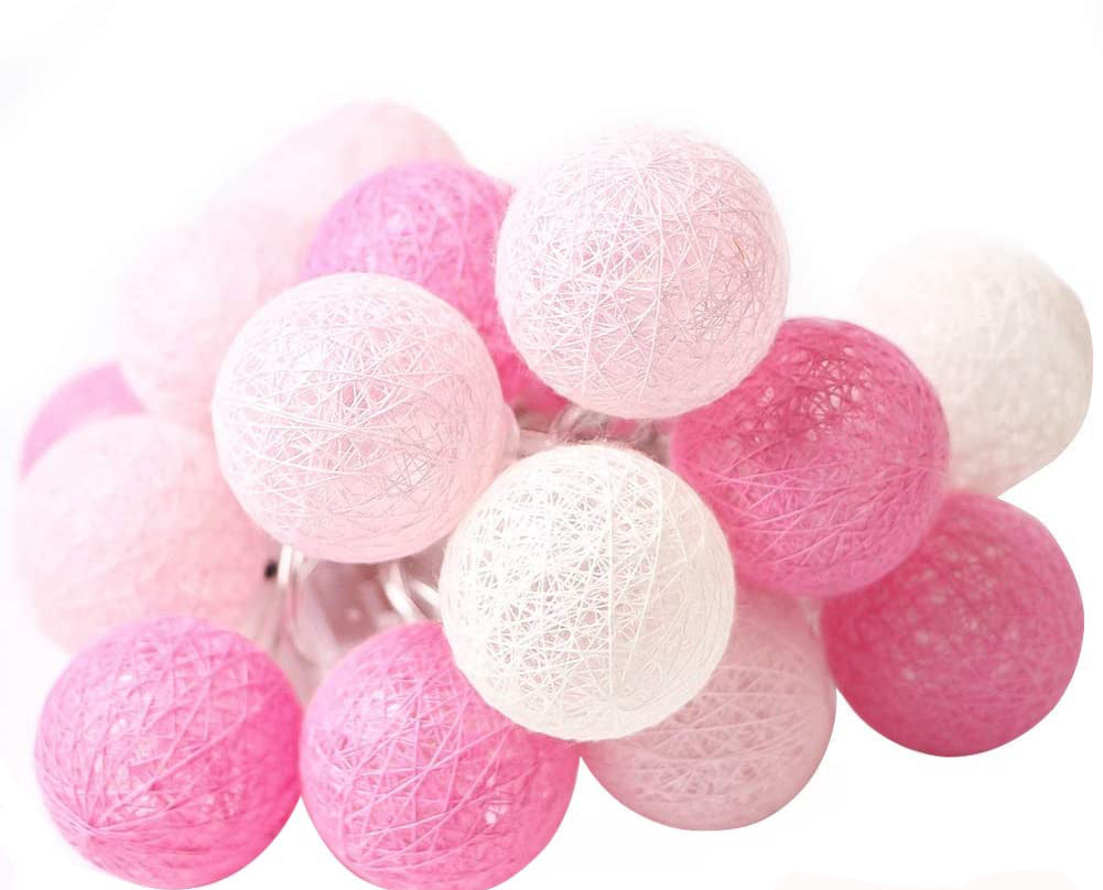 20 Pink LED Cotton Ball Fairy Lights - 5cm Decorative String for Home, Wedding, Party, and Bedroom - Battery Powered Indoor/Outdoor Décor