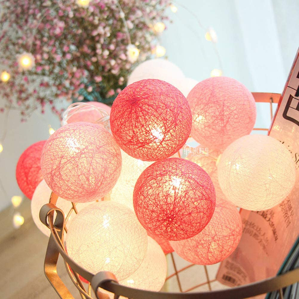 20 Pink LED Cotton Ball Fairy Lights - 5cm Decorative String for Home, Wedding, Party, and Bedroom - Battery Powered Indoor/Outdoor Décor
