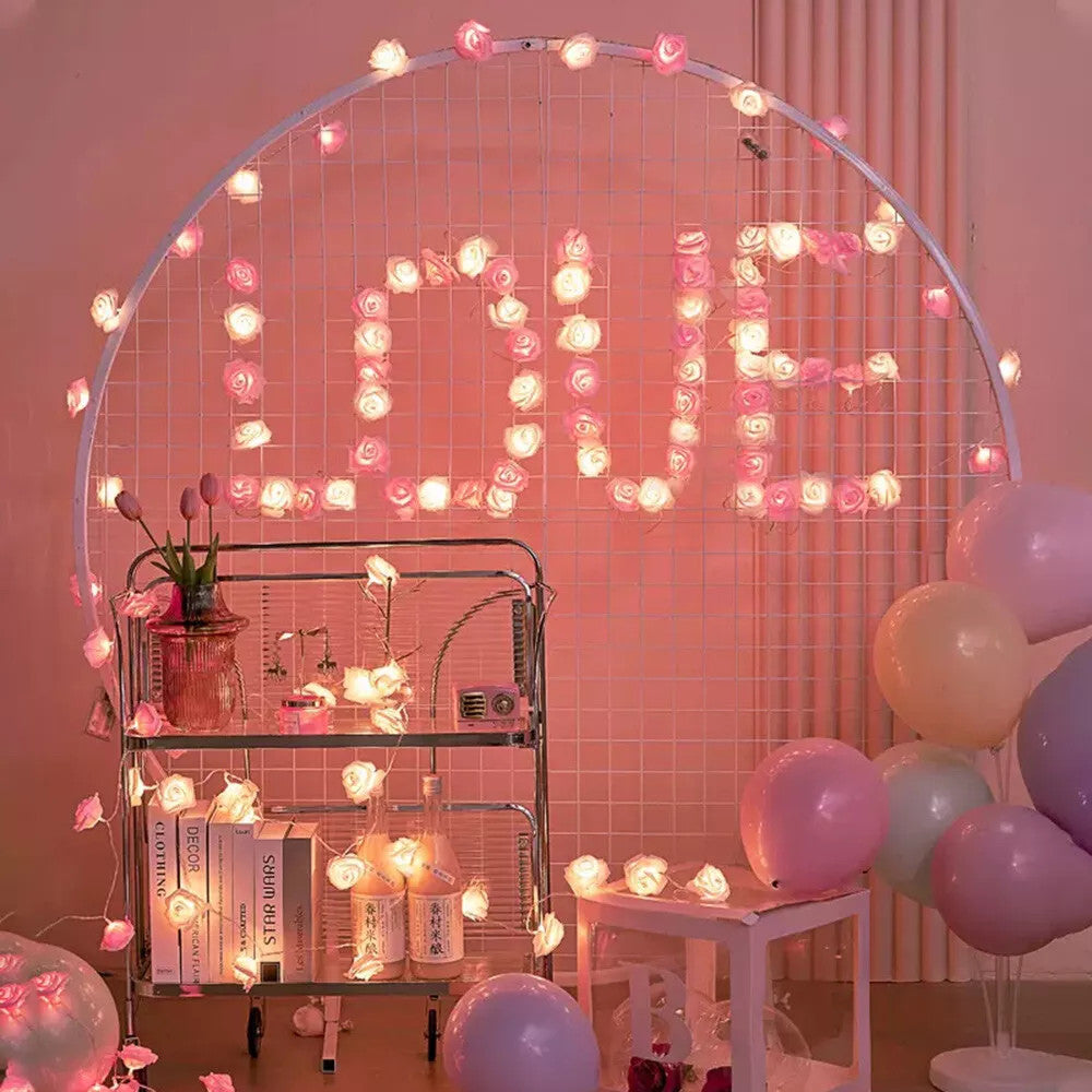 50 Pink n White Rose 3D Fairy Lights 5M LONG String, Battery (AA) Indoor & Outdoor Decorations Wedding Valentines Romantic Room Table Lighting