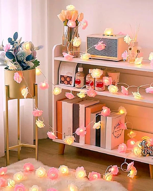 50 Pink n White Rose 3D Fairy Lights 5M LONG String, Battery (AA) Indoor & Outdoor Decorations Wedding Valentines Romantic Room Table Lighting