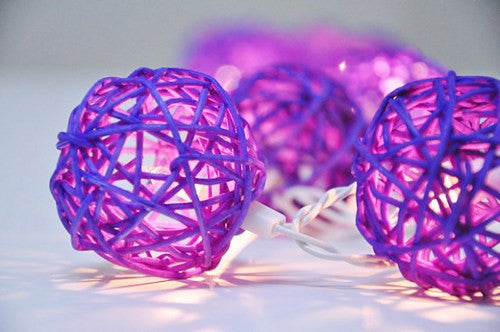 20-Piece Purple LED Rattan Ball String Lights - Battery-Powered Fairy Lights for Home, Wedding, and Party Decorations - 5cm Diameter, 3m Length
