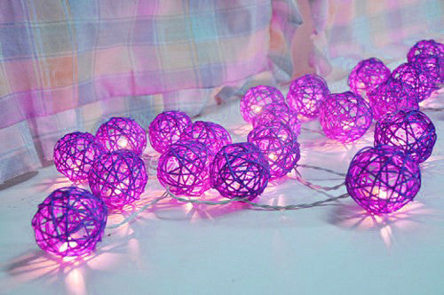 20-Piece Purple LED Rattan Ball String Lights - Battery-Powered Fairy Lights for Home, Wedding, and Party Decorations - 5cm Diameter, 3m Length